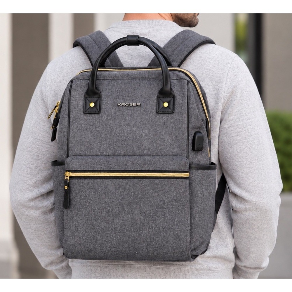 KROSER Mens Gray Laptop Backpack Gold Zip Black Trim Adjustable Straps Academia